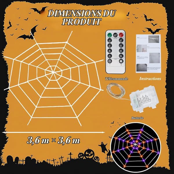 Halloween Spindelvev, 360 cm LED-lysende spindelvev med fjernkontroll, 8 blinkende moduser
