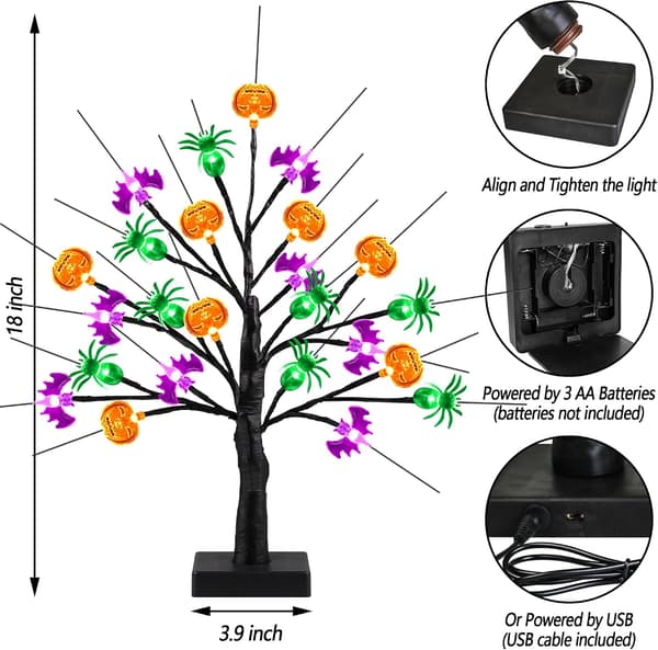 60 cm svart Halloween-tre med 24 LED-lys, gresskar, flaggermus, edderkopp