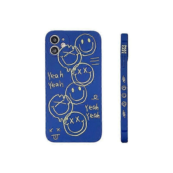 Sødt Sort Glad Smil Graffiti Sideprint Telefoncover til Apple iPhone 12 Case til Kvinder Slanke Bløde Covers til iPhone 12 blå