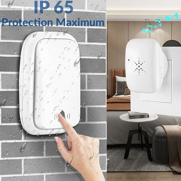 Trådlös och batterifri utomhusdörrklocka EIP65 Vattentät (snö, regn, fuktighet), vit, 2-pack