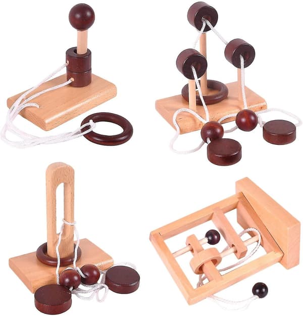 4-pack Klassiska Träfågelrep Pusselset Ringpussel Stränglösning Hjärnteaser