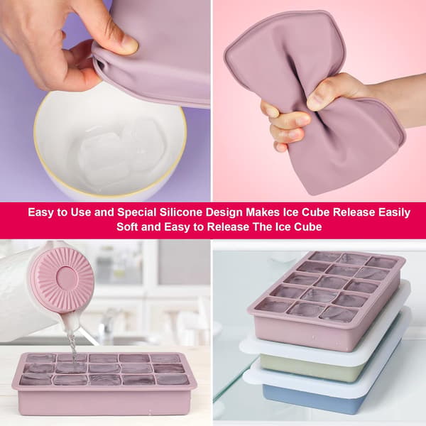Isbitsform med lock och tång, 3-pack 45 kuber, stora återanvändbara silikonisbitsformar och BPA-fria (Rosa+Blå+Grön)