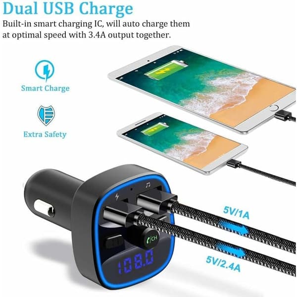 Bluetooth FM-sender, Bluetooth 5.0 Bilradioadapter MP3-spiller Trådløst Håndfrisett, med doble USB-porter 5V/2.4A & 1A