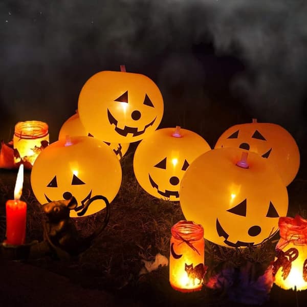 Sett med 5 LED-gresskarlykter til Halloween - Lysende dekorative ballonger - Oransje