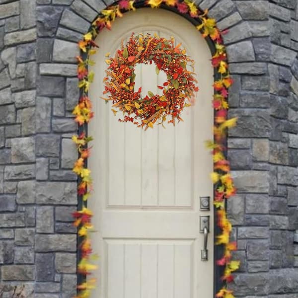 Høstkranser til inngangsdør, høstdekorasjon, inngangsdør til Thanksgiving Day, kunstig lønneblad dør