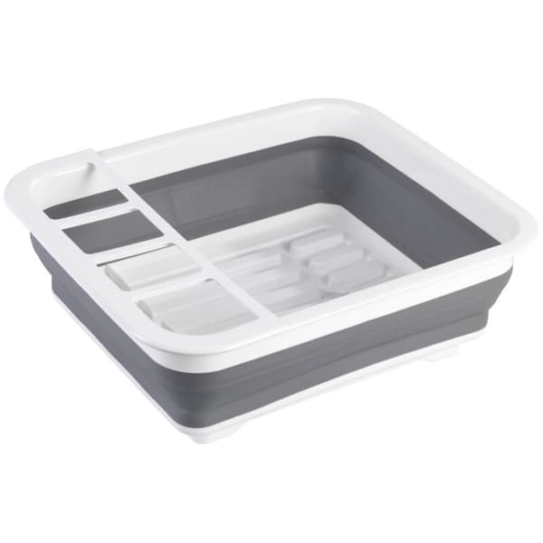 Hopfällbart diskställ, diskställ i plast, bestickhållare och tallriksstöd, plast, 36,5x13x31 cm, vit-grå