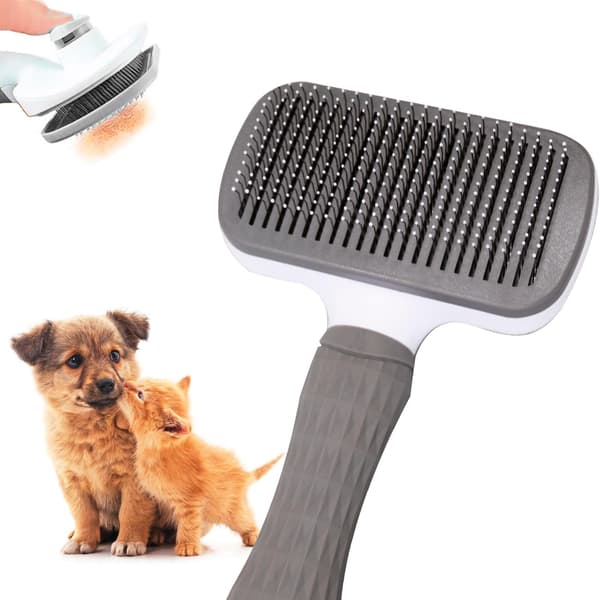 Hunde- og kattebørste, til langt hår, selvrensende, stål- og silikonebørster, fjerner dødt hår, ergonomisk (grå)