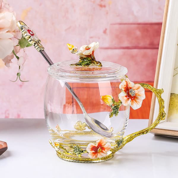 Kop Glas Blomsterglas Te&Kaffe Kop med Ske, Låg 400ml