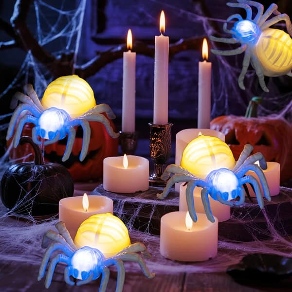 6 stk. LED edderkopp-telys, flammeløse, batteridrevne, edderkopp-nattlys til Halloween innendørs temafest