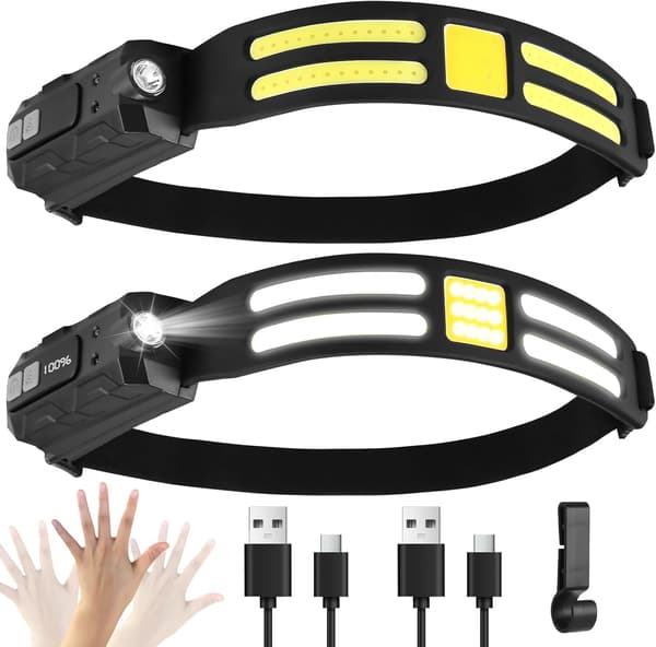 2 stk. Oppladbare LED-hodelykter - Smart sensor, digital batteridisplay, 0,09 kg - Lettvekts hodelykter
