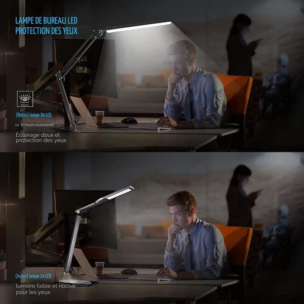 LED skrivebords- og læselampe med USB, dæmpbar og 3 farvetilstande til øjenbeskyttelse