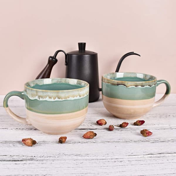 Stor Keramisk Kaffemugg Set om 2, Stengods Jumbo Latte Muggar för Kontor och Hem, 47 cl, Diskmaskins- och Mikrovågssäker (Grön, 2)