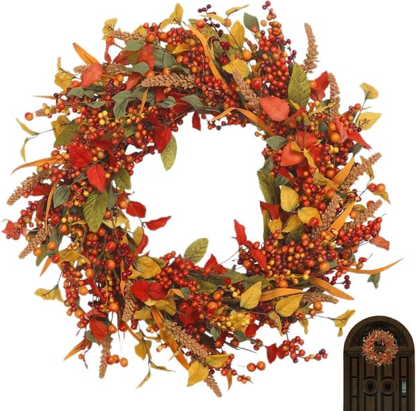 Høstkranser til inngangsdør, høstdekorasjon, inngangsdør til Thanksgiving Day, kunstig lønneblad dør