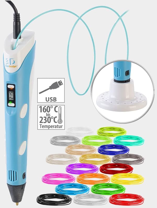 USB 3D-printerpenn med display - Inkluderer en 3D-penn og 20 startfarger av PLA-filament