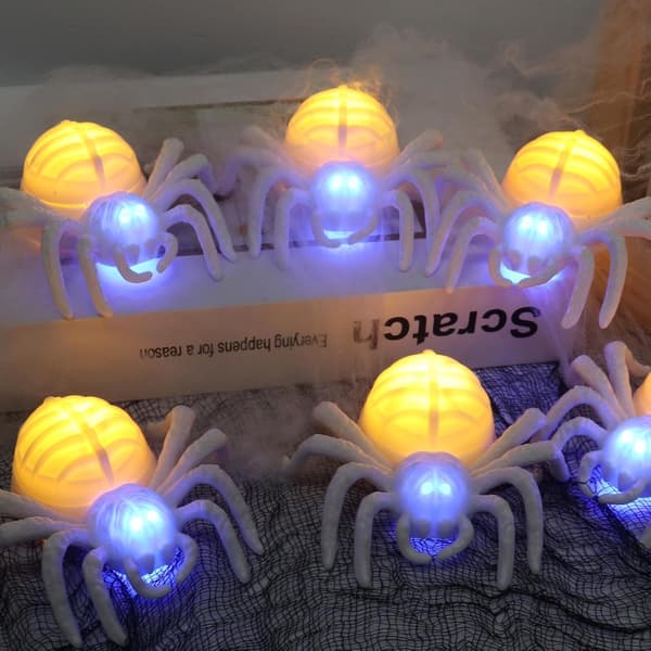 6 stk. LED edderkopp-telys, flammeløse, batteridrevne, edderkopp-nattlys til Halloween innendørs temafest