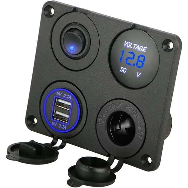 4-i-1 Oplader Panel, 12V 4.2A Dobbelt USB Oplader Udtag Strømudtag & LED Voltmeter - Blå