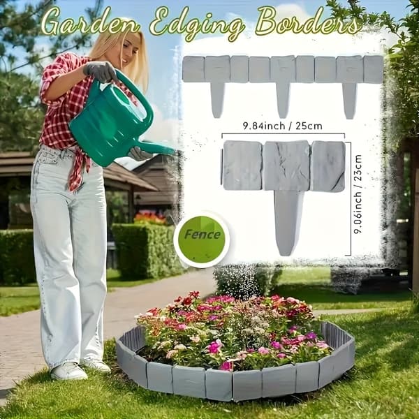 10 stk. grå stein-effekt plast hagekant gjerde, blomsterbedramme, hagegårdsdekorasjonsgjerde