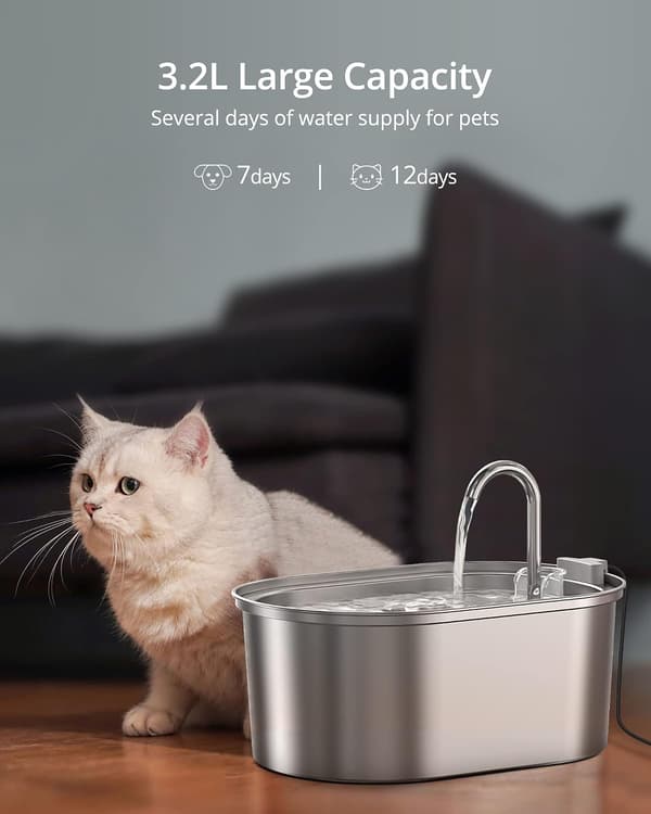 Vandfontæne til katte i rustfrit stål, stor 3,2 liters kapacitet, firetrinsfiltrering, USB-drevet.