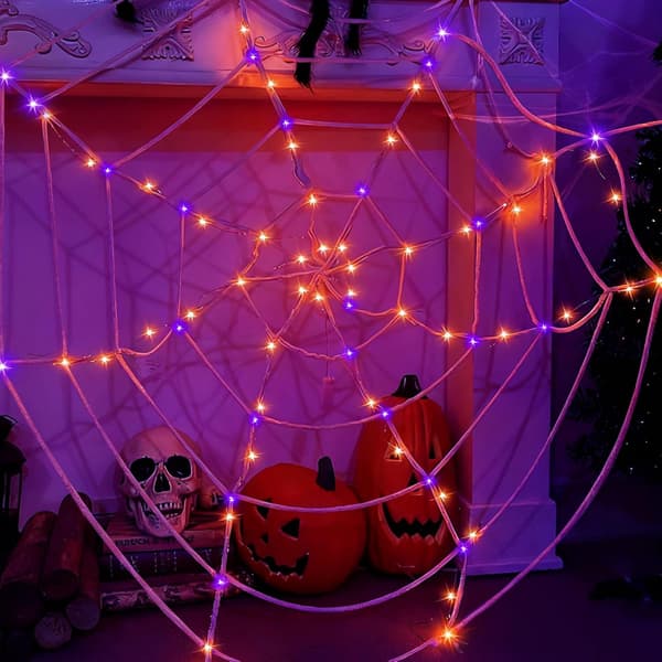 Halloween Spindelvev, 360 cm LED-lysende spindelvev med fjernkontroll, 8 blinkende moduser