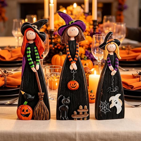 Halloween Heksedekorasjoner, 3 Stykker, Festlige Halloween Katte- og Spøkelsesaksenter til Kontorhylle