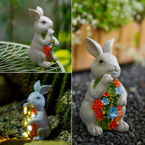 Kanin Statue Solar Havepynt med Sukkulent 7 LED Solcellelamper 20CM