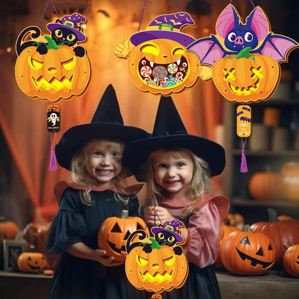 Sett med 3 LED Halloween-lykter for barn - Lyktesett - Festdekorasjon - Gaver til gutter og jenter