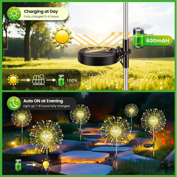 Sett med 4 utendørs solcellehagelys, 120 LED, 8 moduser, stjerneklar nattlys, vanntette plenlys, varmhvit
