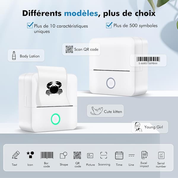 Selvklæbende etiketprinter, monokrom Bluetooth termisk printer, miniprinter med 5 selvklæbende etiketter
