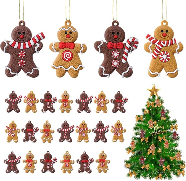 Pepperkake Julepynt 20 stk, Pepperkakemann Juletrærpynt, Hengende Pepperkakemannpynt, 4 stiler