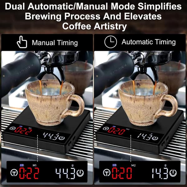 Kaffevægt med timer, genopladelig køkkenvægt med automatisk timer og flowfunktion, præcisionsvægt