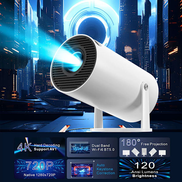[2025 Uppgraderad & Android 11.0] Mini Projektor Native 720P HD, Stöder 4K 1080P WiFi 6, Bluetooth, Auto Keystone