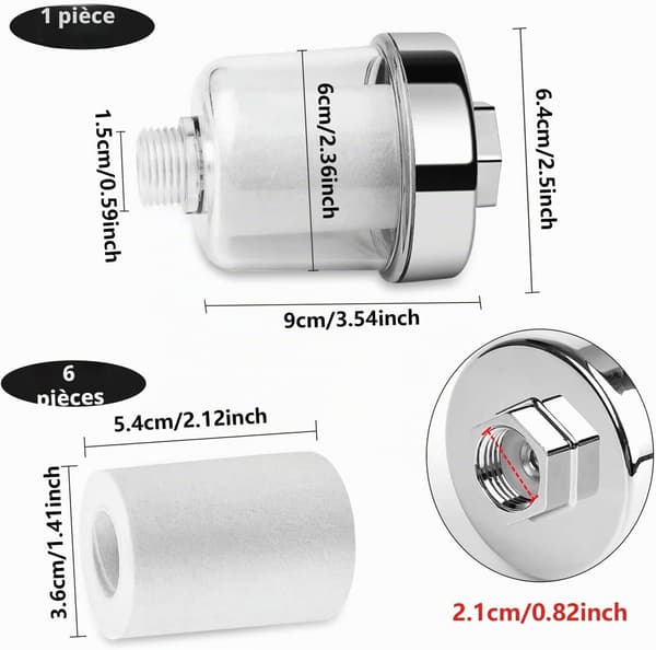 1 stk dusjfilter, kalkfilter, med 6 filterelementer, passer til de fleste dusjhoder