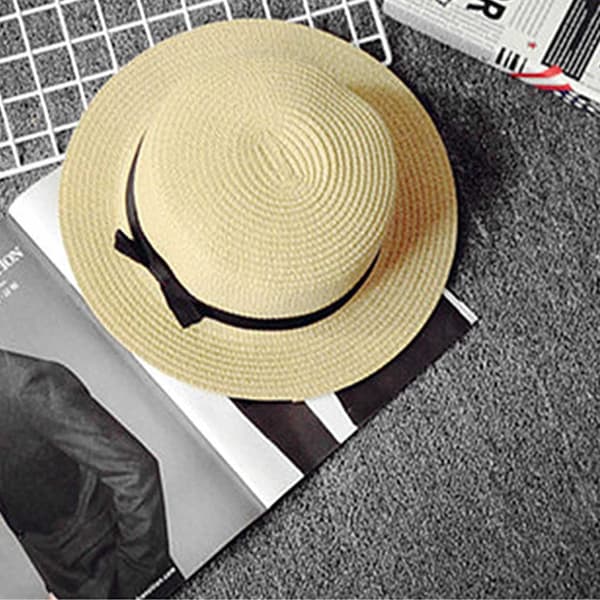 Flat Stråhatt Liten Skygge Solhatt Dame Jenter Sommer Strandhatt Sløyfehatt Hodeplagg Beige