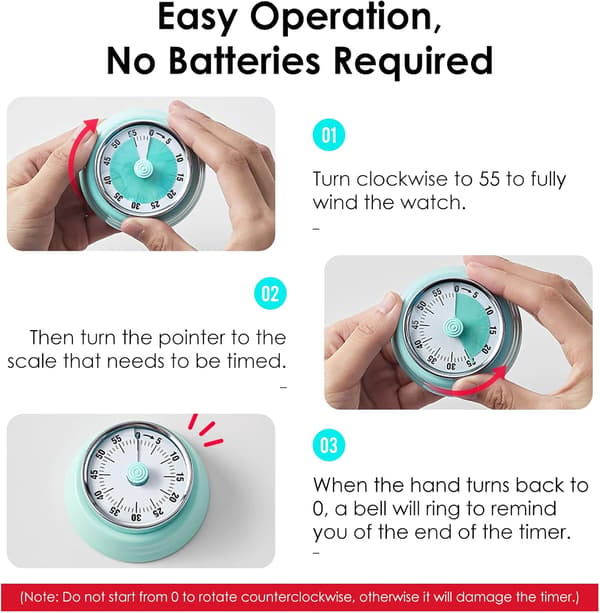 Kjøkkentimer, 3\" 60 Minutters Visuell Timer, Batterifri Mekanisk Timer for Barn og Voksne (Mintgrønn)