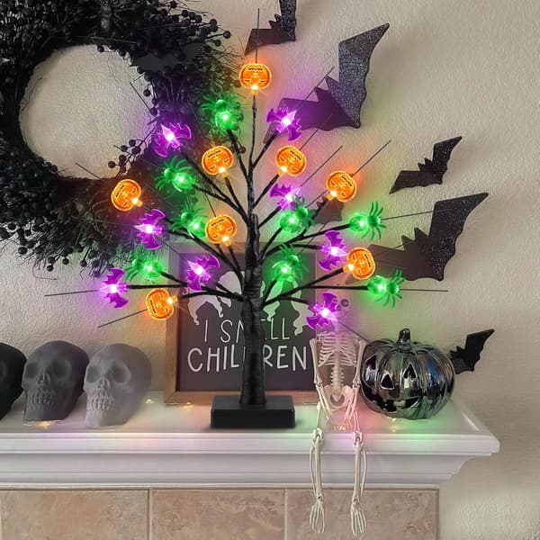 60 cm svart Halloween-tre med 24 LED-lys, gresskar, flaggermus, edderkopp