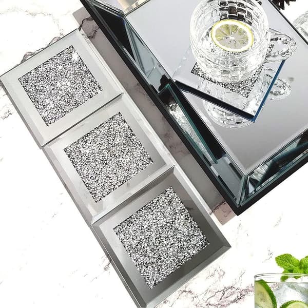 4 st Moderna Kristall- och Spegelunderlägg Nya 10X10CM Silver