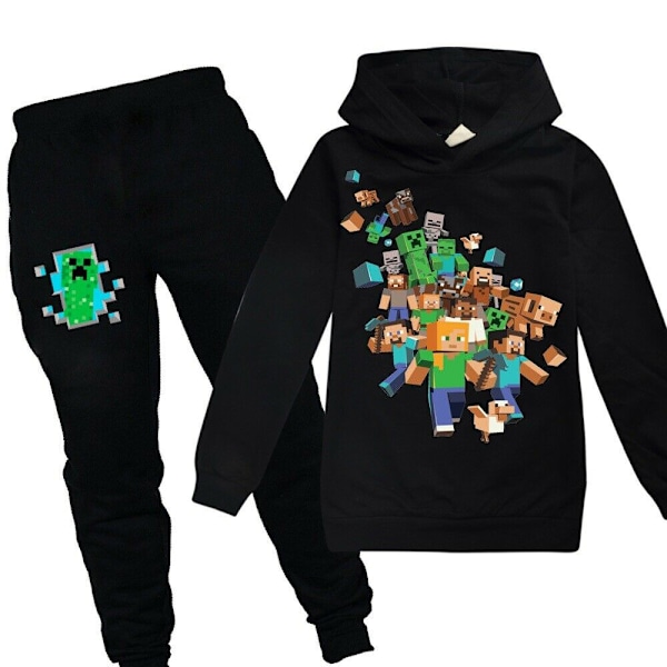 Minecraft Børne Hoodies Træningsoverall Sæt Hættetrøje + Bukser Jumper Suit Sort Black 160cm