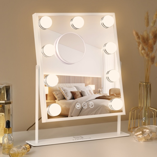 FENCHILIN Hollywood sminkspegel med lampor 360° vridbar bordsskiva 25 x 30 cm vit white 25 x 30 cm