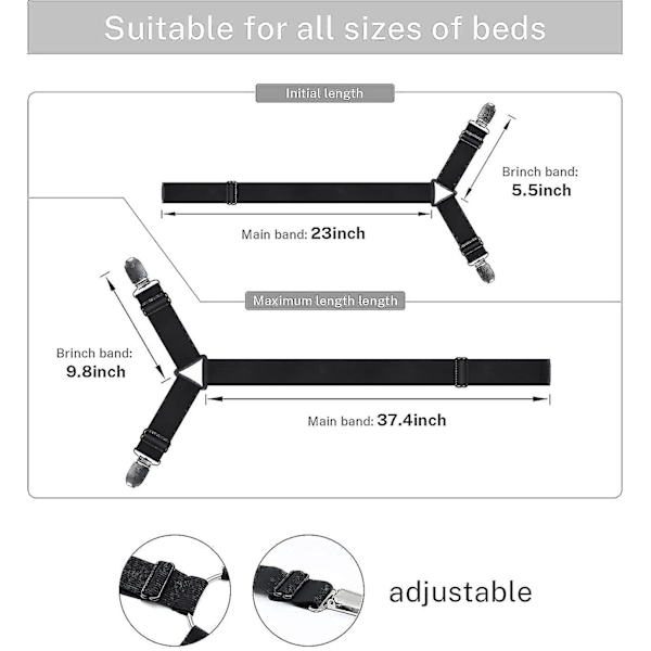 Justerbare lakenfestere, elastiske krysslakenstropper bukseseler, 6-veis lukket sløyfe svarte lakenholdere, tilpassede lakenklips