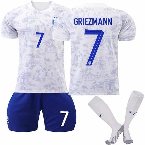 Frankrike Bortetrøye 2022/23 VM Griezmann #7 Fotballdrakt T-skjorte Shorts Kit Fotball 3-delt sett for barn og voksne Adult S（165-170cm）