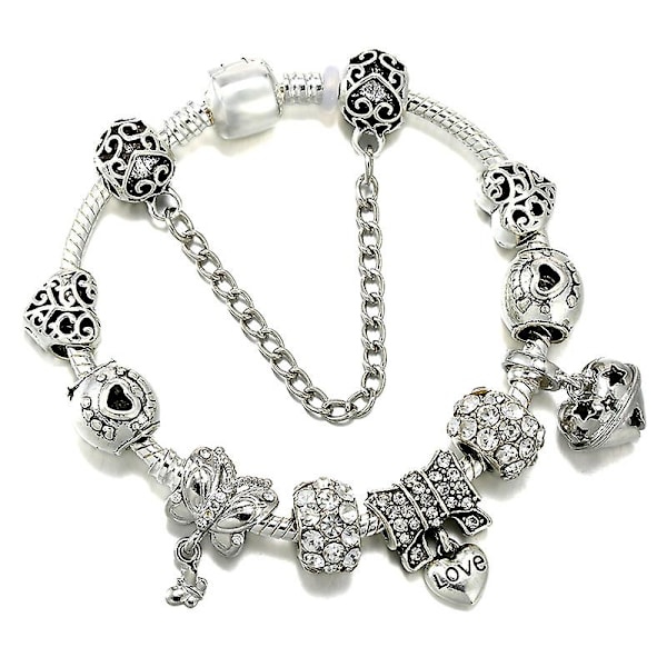 Pandora Plata Style Charm Armbånd Dame DIY Hjertelås Nøkkel Kjærlighetsbrev Henger Armbånd