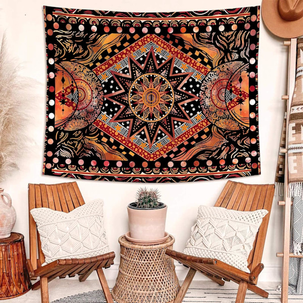 Oransje sol og måne tapet, kult indie hippie mandala tapet, estetisk veggteppe for soverom, stue, sovesal (oransje, 28' × 37')