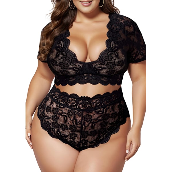 s Size 2 Piece Lingerie Set for Women Sexy Deep V Lace Bra and Panties High Waist Nightwear Clubwear Black X-Large