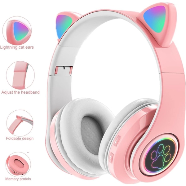 Rosa Bluetooth-hörlurar, trådlösa kattrådlösa hörlurar lämpliga för barn och flickor