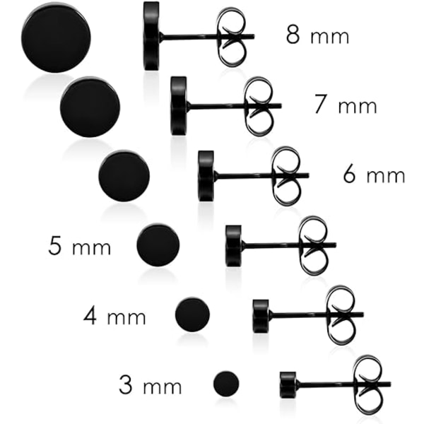 Svarta runda set i rostfritt stål för män kvinnor 6 par 3 mm-8 mm... (svart)