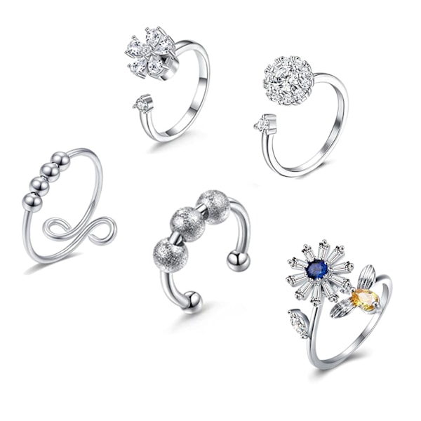 5-pack blommig fidget-ringset med zirkonblommor, pärlor, roterbar, justerbar, öppen fidget-ringset för kvinnor