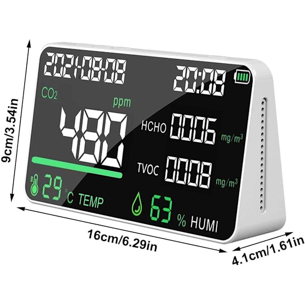 Indendørs CO2-måler, luftkvalitetsmonitor til CO2 TVOC Formaldehyd Kuldioxidmonitor Multifunktionel luftdetektor Intelligent Re