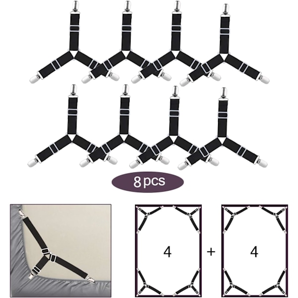 8 sengeklær klips, justerbare elastiske trekantfester
