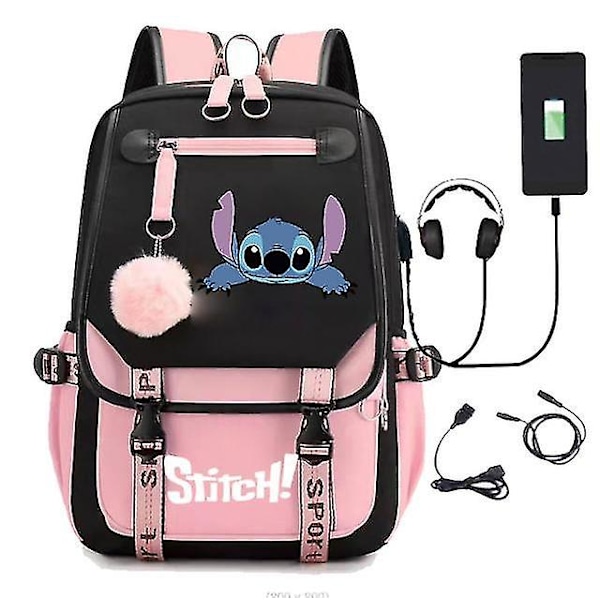 16 tommer Cartoon Stitch Rygsæk USB Drenge og Piger Børnehave Bogtaske Børn Skole Rygsæk Børn Starter Skole Gave Rygsæk Hot Pink