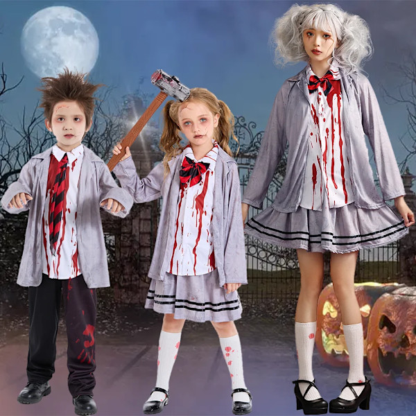 Skrekkvampyr Zombie Cosplay-kostyme for jenter og gutter Halloween-kostymer Barn Studentstil Blodig zombie Karneval Fancy Dress Boys Boys M (8-10T)